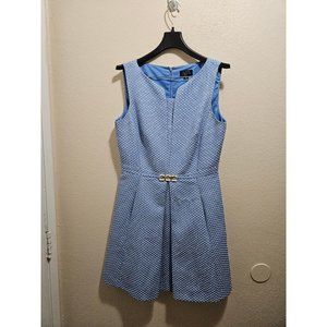 Tahari Fit and flare White and Blue Patterned Dress with Waist Accent & Pockets